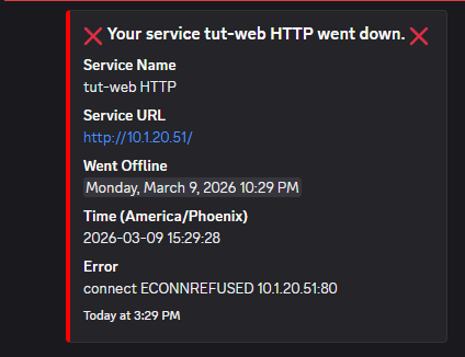 Discord notification showing tut-web HTTP service went down with connection refused error