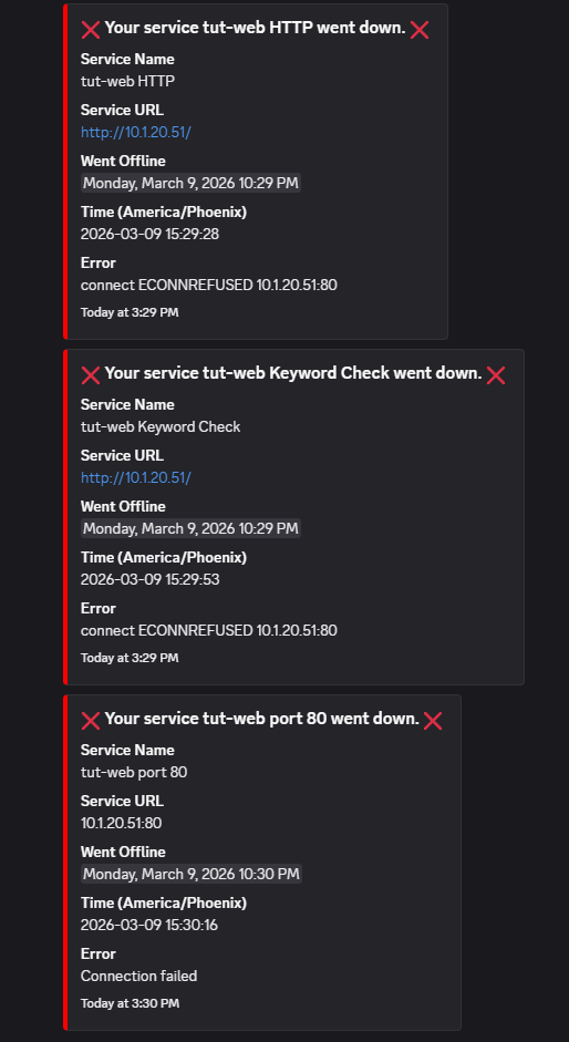 Discord showing three Uptime Kuma down notifications for tut-web HTTP, Keyword Check, and port 80 monitors