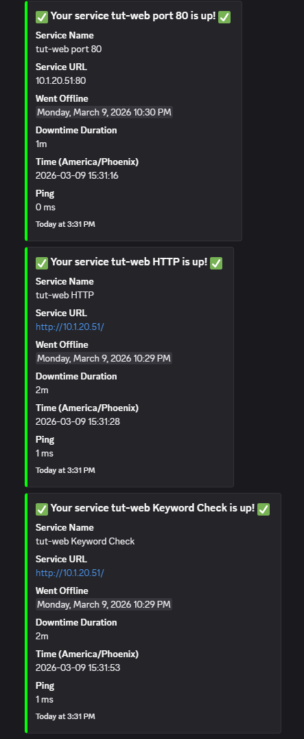 Discord showing three Uptime Kuma recovery notifications for tut-web services reporting back up