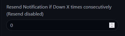 Uptime Kuma resend notification setting showing value 0 with resend disabled