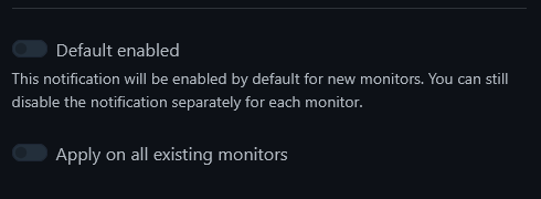 Uptime Kuma notification settings showing Default enabled and Apply on all existing monitors toggles