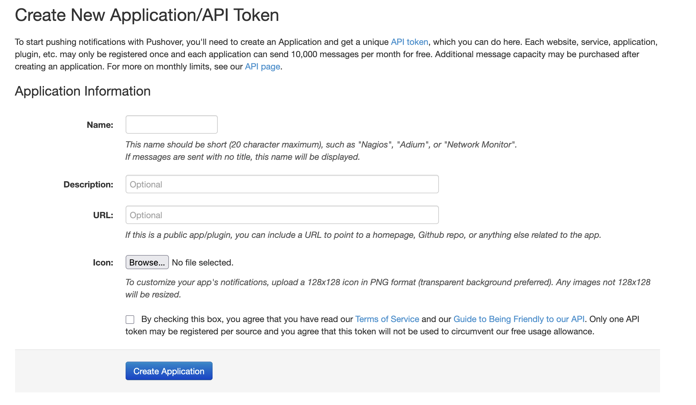 Pushover website Create New Application API Token form with name description and icon fields