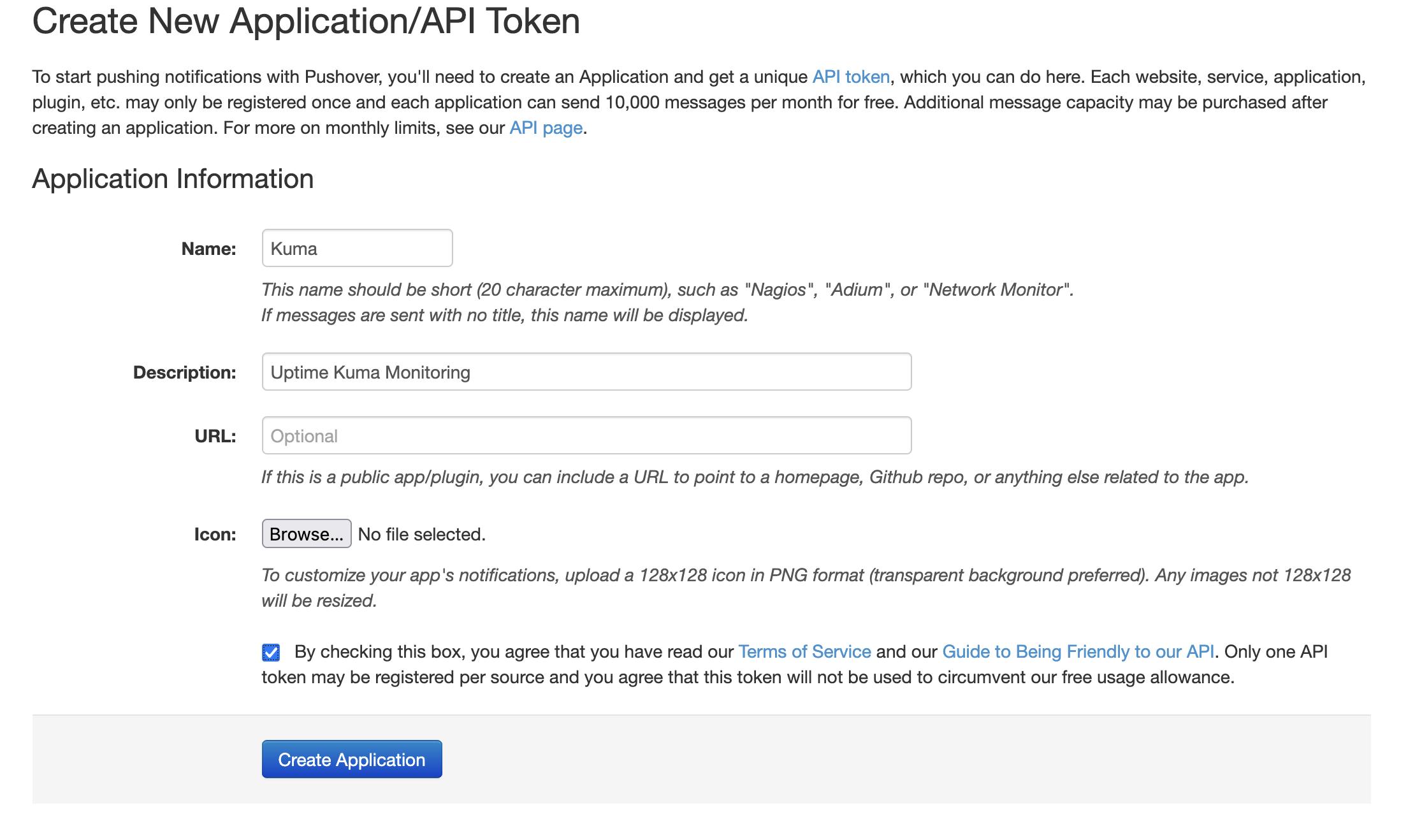 Pushover create application form with name Kuma and description Uptime Kuma Monitoring filled in