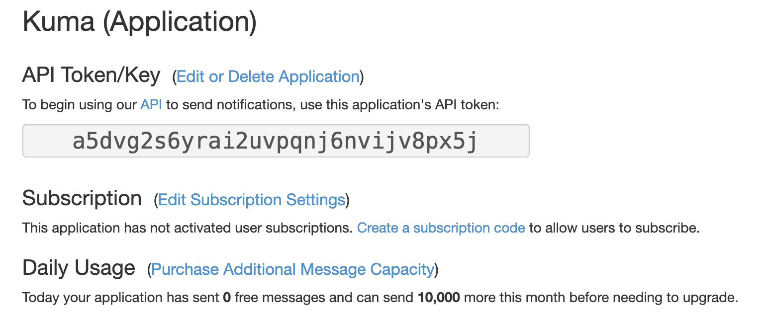 Pushover Kuma application page displaying API Token Key and daily usage stats