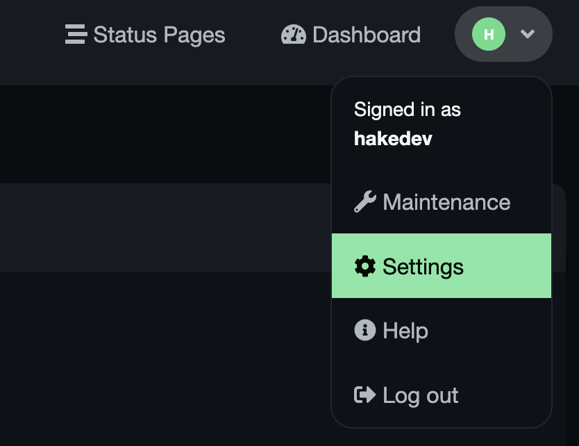 Uptime Kuma user dropdown menu with Settings option highlighted
