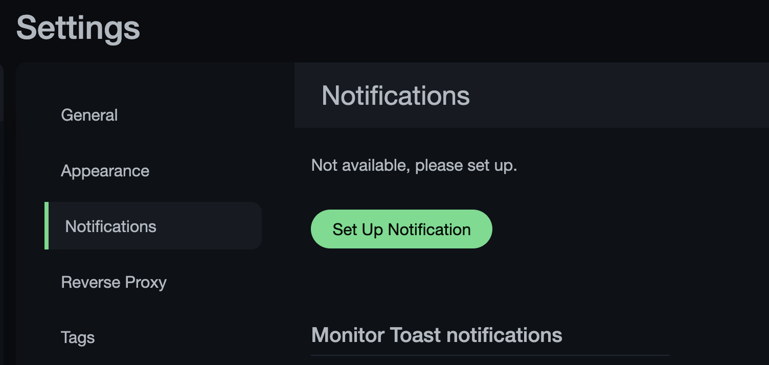 Uptime Kuma settings notifications tab showing no notifications configured with setup button