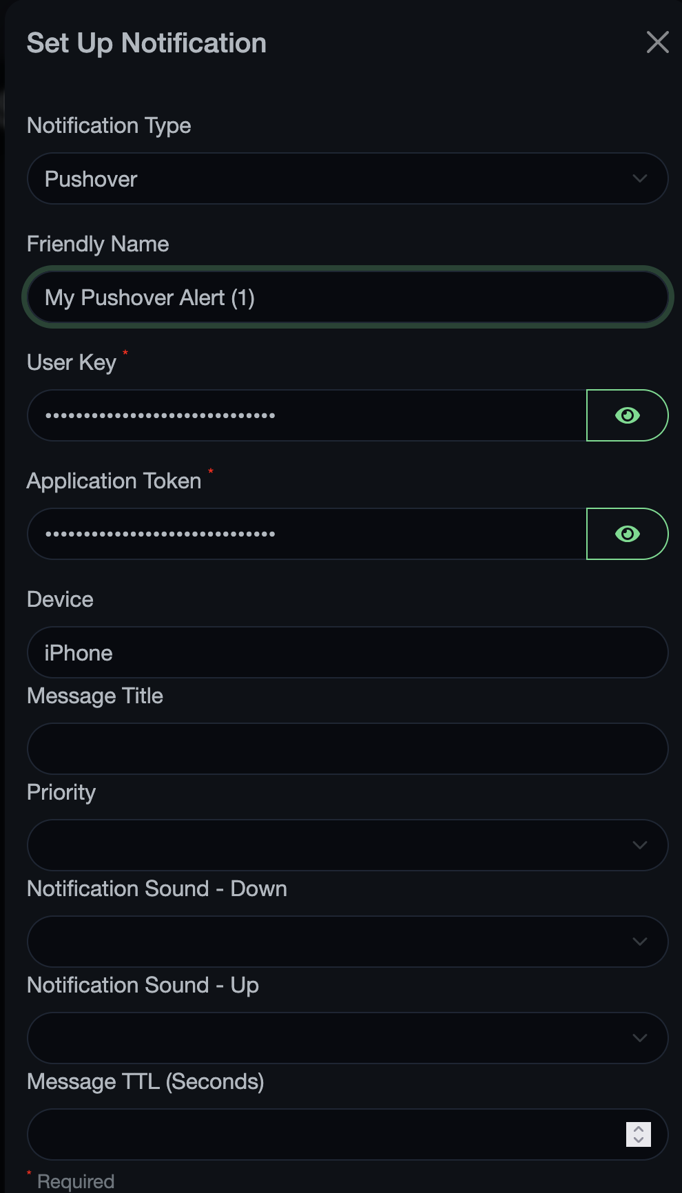 Uptime Kuma Pushover notification setup form with user key and application token fields