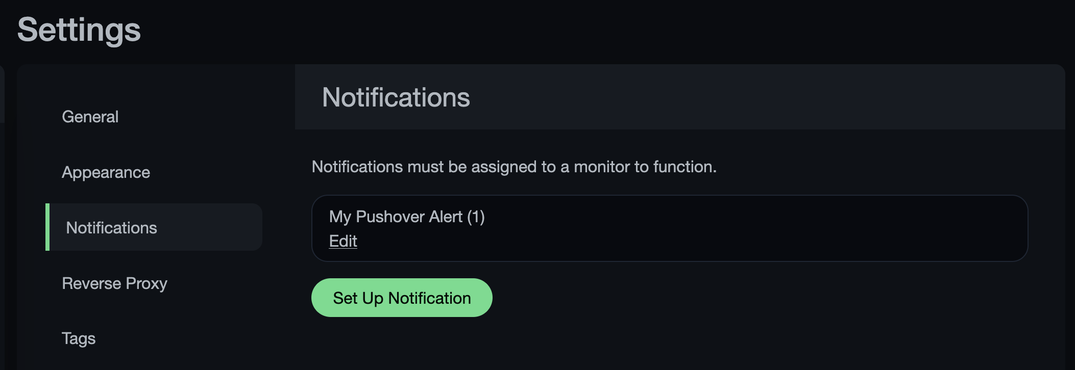 Uptime Kuma settings notifications tab showing Pushover alert configured with Set Up Notification button